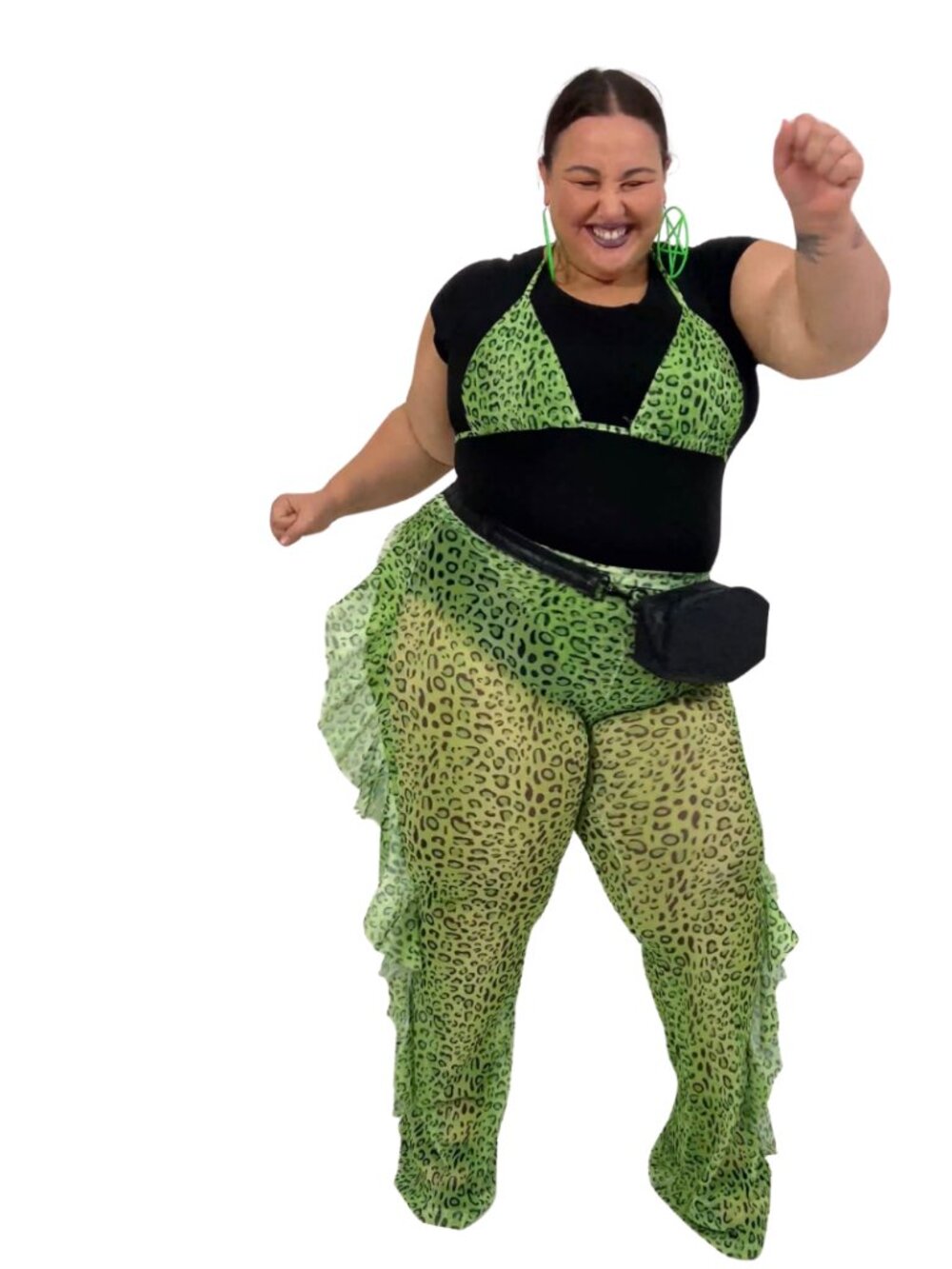 Lime Green Leopard Print Mesh Bikini Top and Flared Pants Set